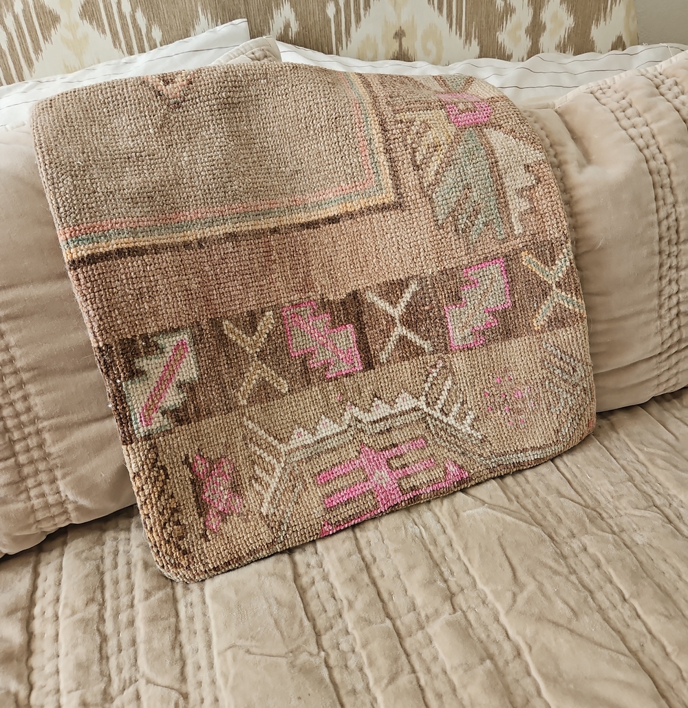 Handcrafted Southwestern Accent Throw Pillow Cover in Beige and Pink.  Cover Onl
